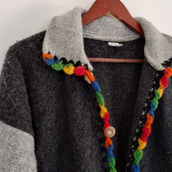 Handcrafted Ecuadorian Wool Cardigan Size XL Gray - Picture 3 of 12